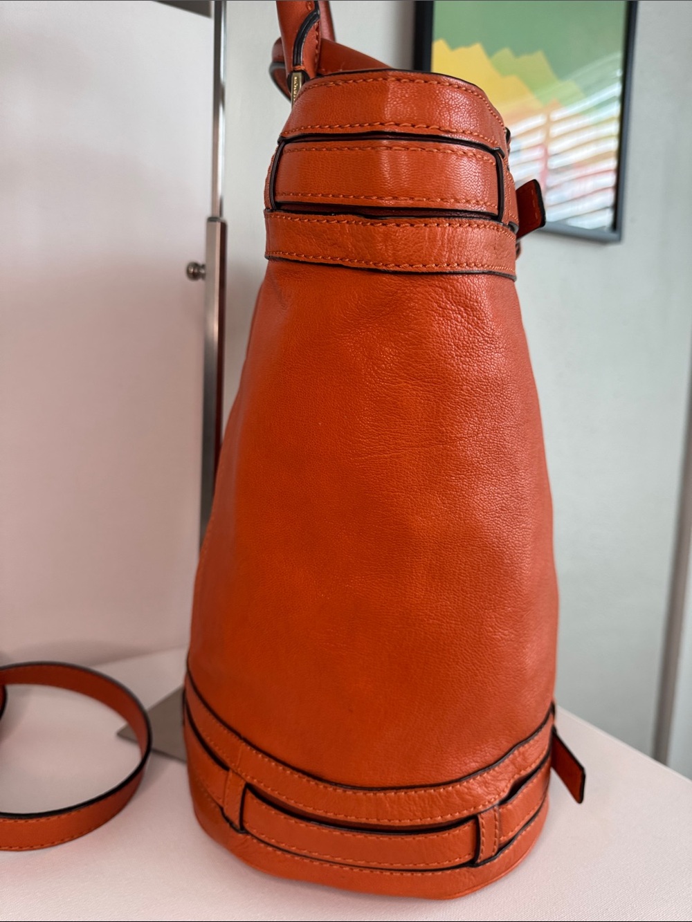Michael Kors Kingsbury Orange Bucket Bag All Leather Tote - Picture 4 of 14